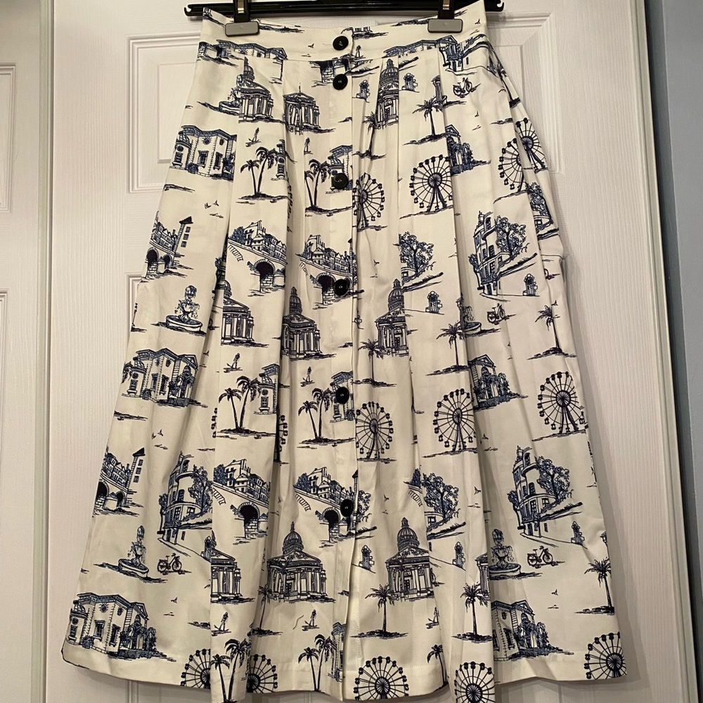 Maje White A-Line Skirt with Blue Scenic Print